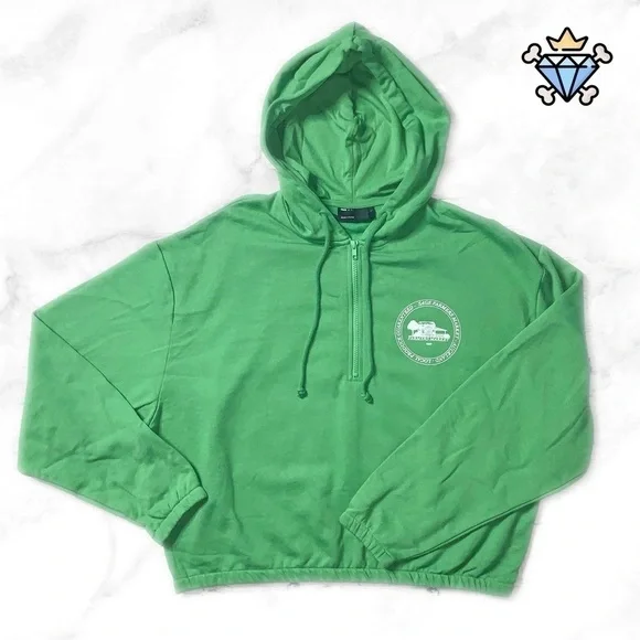 ASOS DESIGN MENS CROPPED QUARTER ZIP GREEN PULLOVER SIZE LARGE RETRO LOGO - Picture 3 of 9